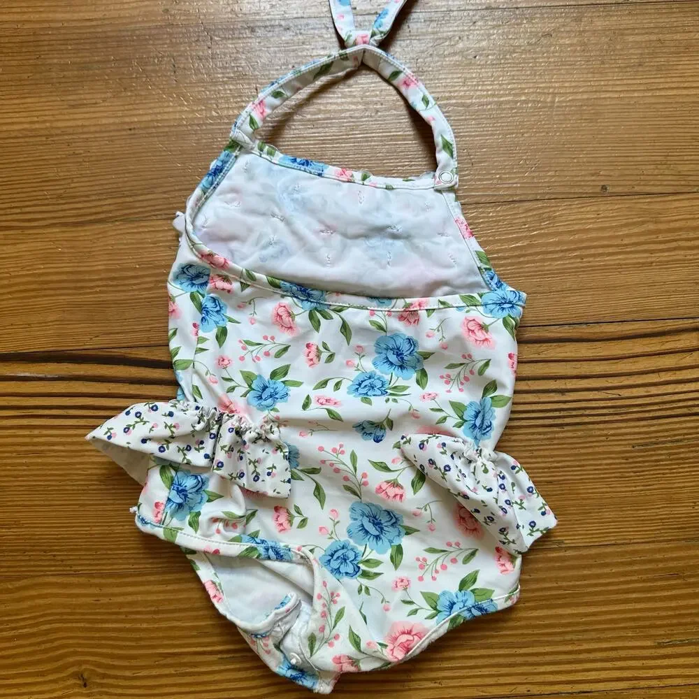 Mudpie Baby‎ white floral halter ruffle one piece swimsuit SIZE 12M